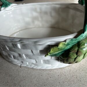 White Ceramic Basket with Green Leaves Accent